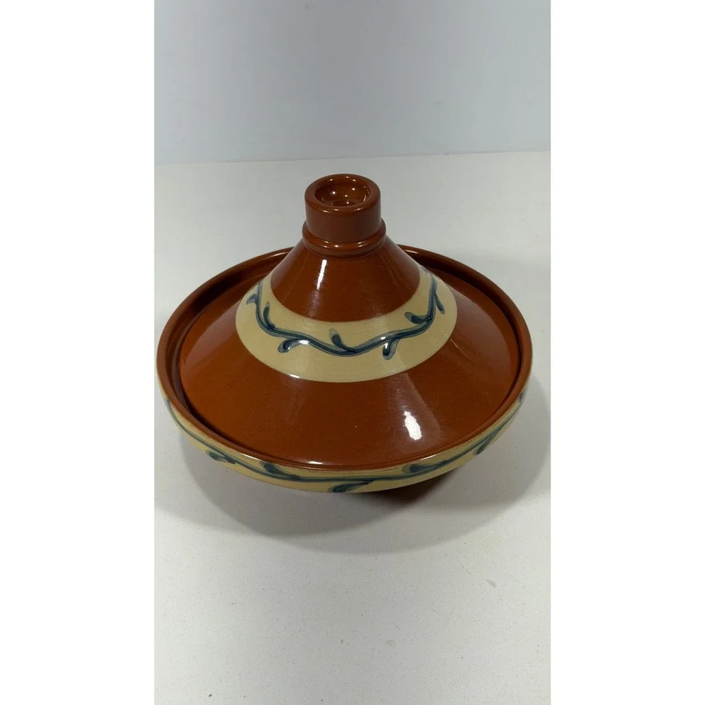BIA Cordon Bleu BOLA Tagine Pot Portugal Glazed Ceramic Terracotta Blue Vine 9in